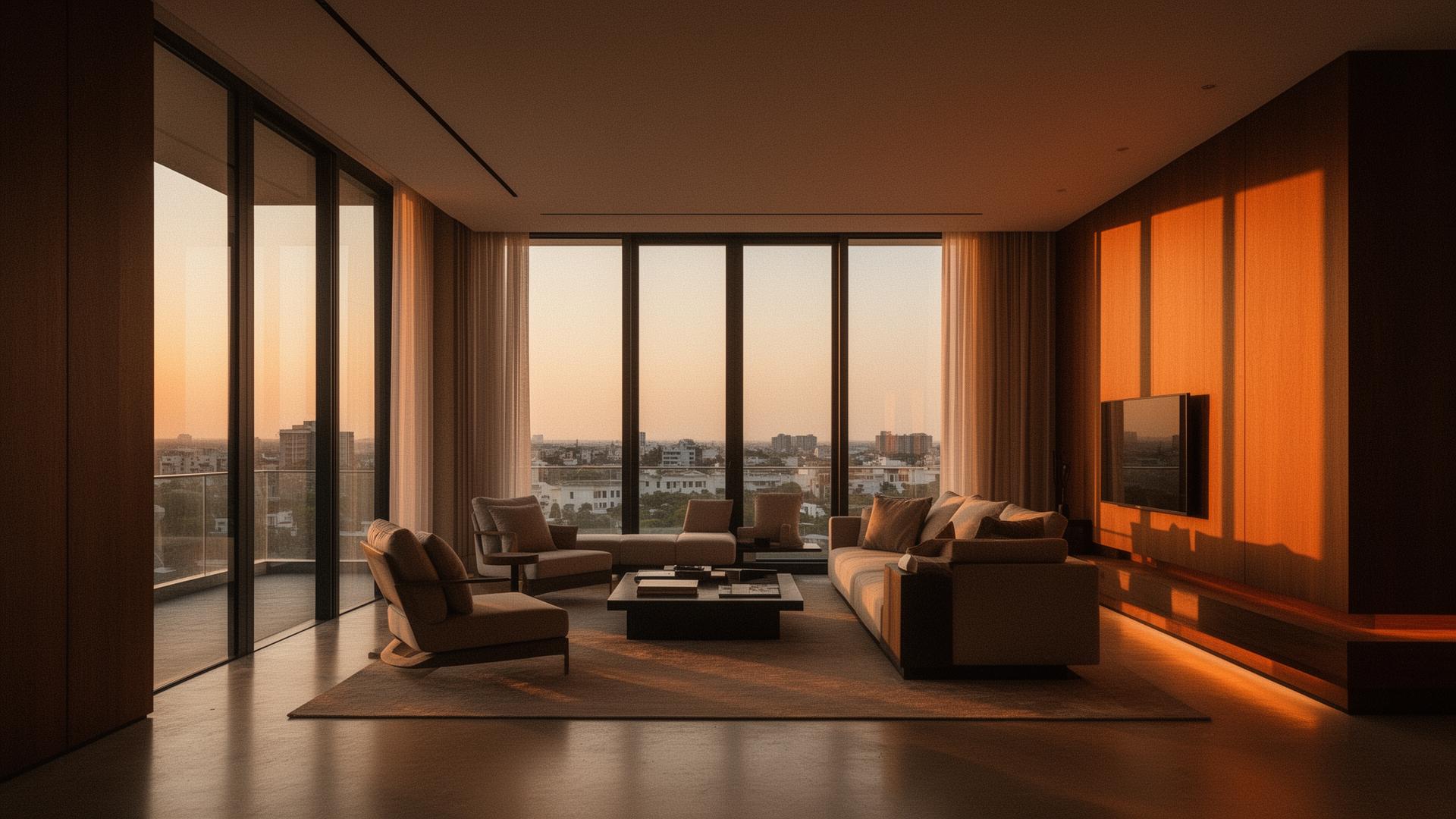 Luxury Lagos apartment interior at golden hour